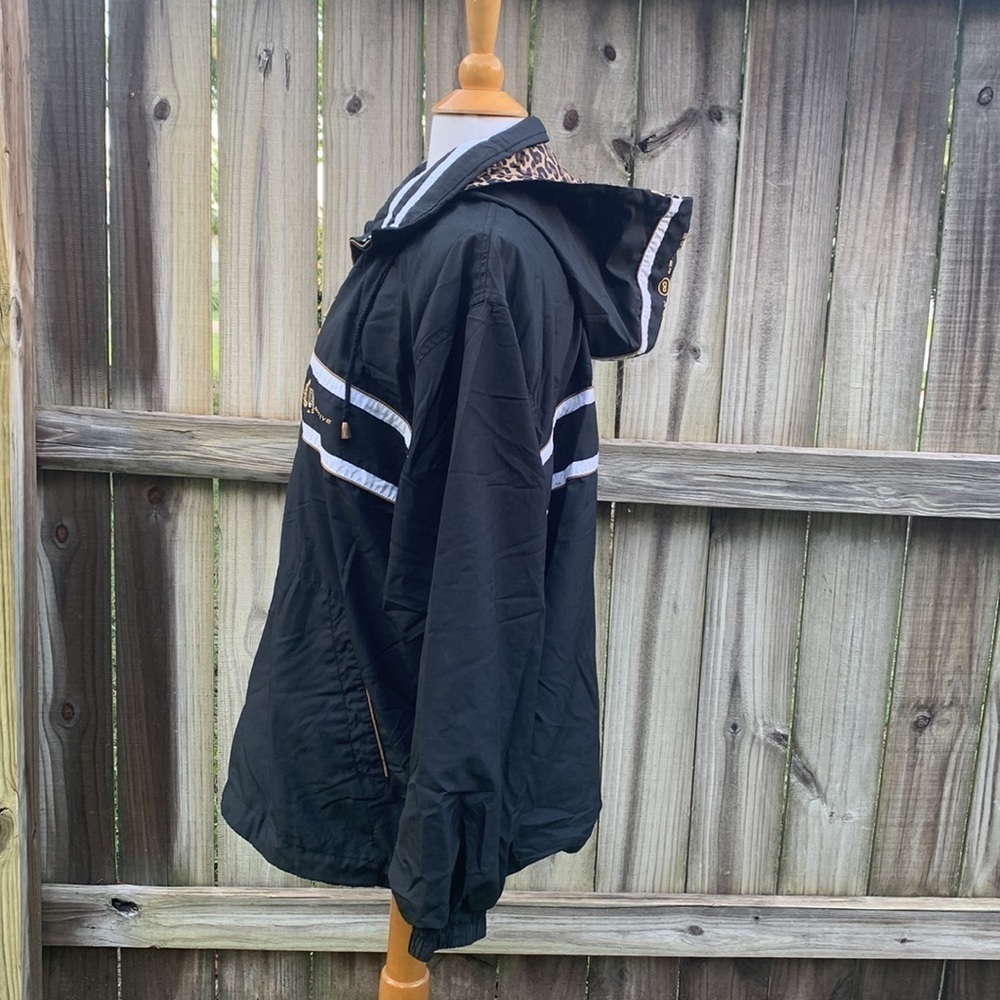 Bogner Black Windbreaker Jacket with White Stripes and Leopard Lined Hood - Picture 3 of 8